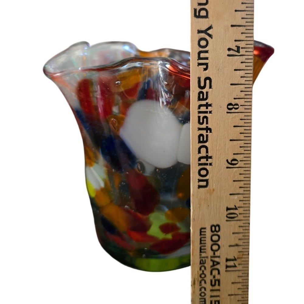 Art Glass Handkerchief Vase Hand Blown‎ Confetti Multi Color Ruffled Rim 4.5in - Picture 6 of 7